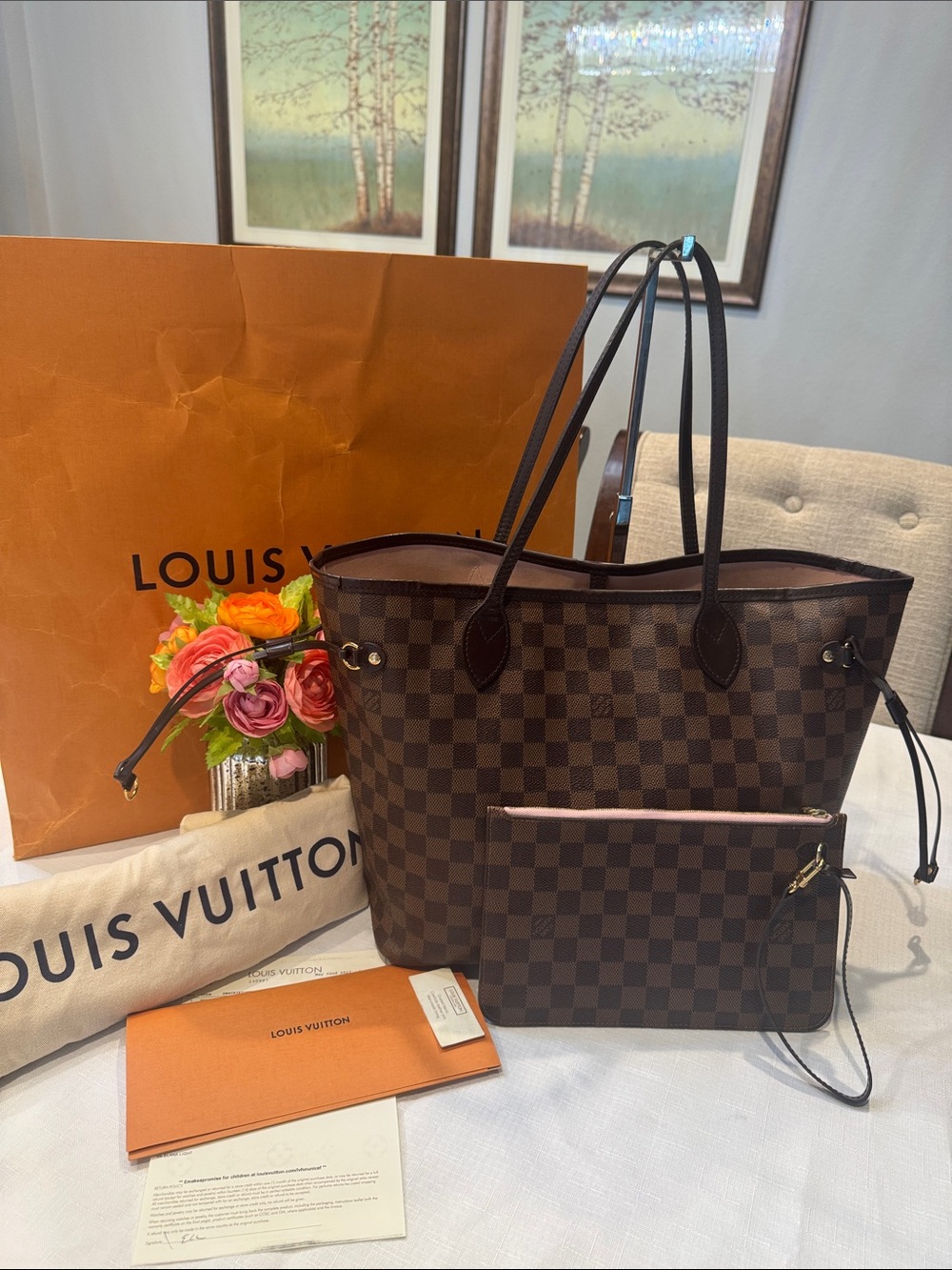 Authentic Louis Vuitton Damier Ebene Neverfull MM Tote with Matching Pochette